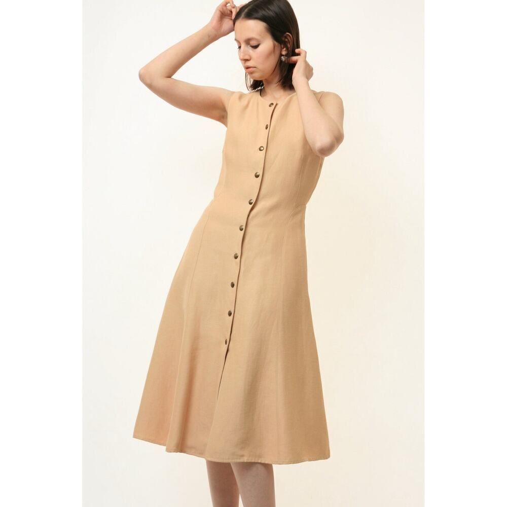 Ralph Lauren Collection Purple Label Snap Front Midi Day Dress Size 10 Tan Linen